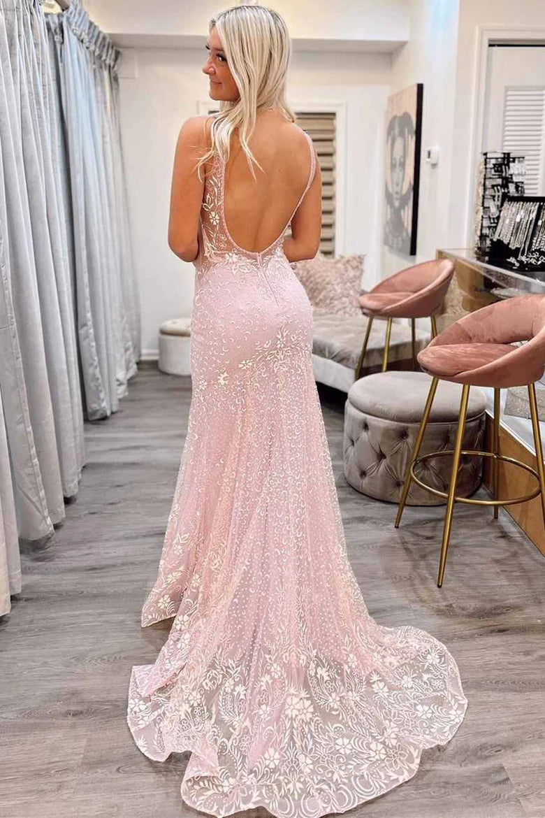 Vestido de fiesta de sirena con escote en V y espalda descubierta de tul